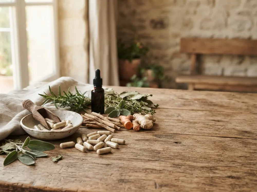 Dried roots and herbs used in supplement formulas