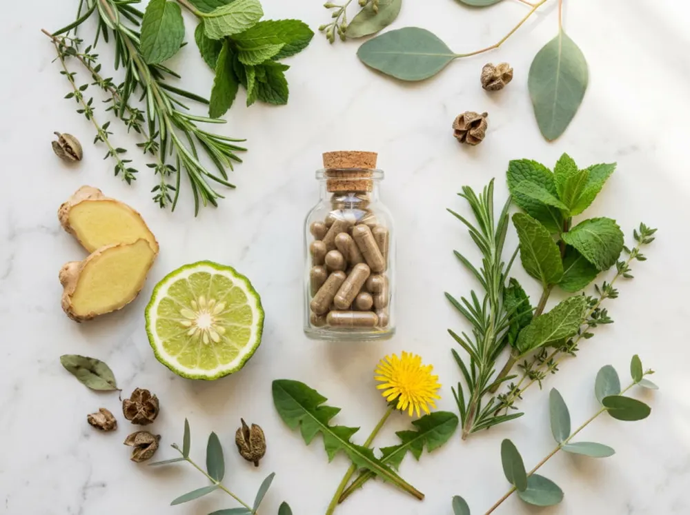 Natural capsules green herbs flatlay — Farma360 Kenya