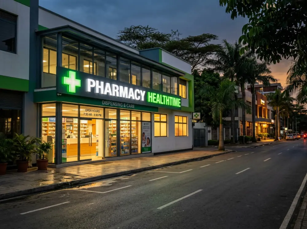 Pharmacy facade evening glow — Farma360 Kenya