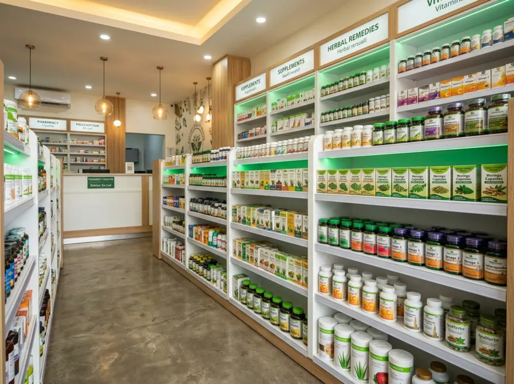 Clean pharmacy shelves stocked with wellness products