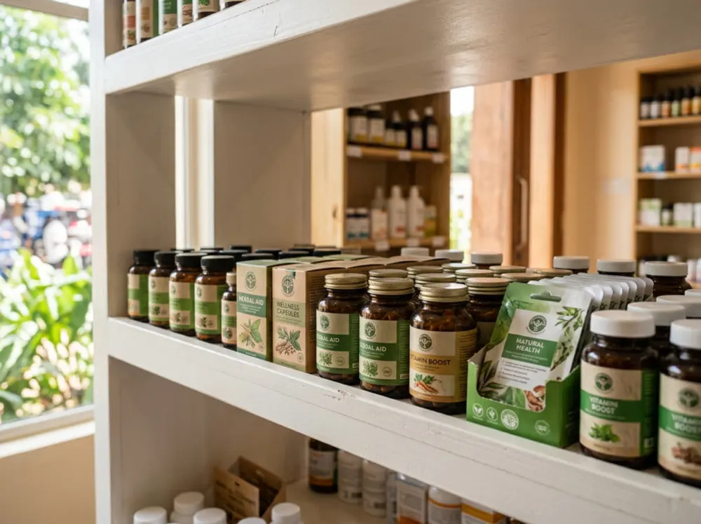 Supplement packs on a shelf in natural light